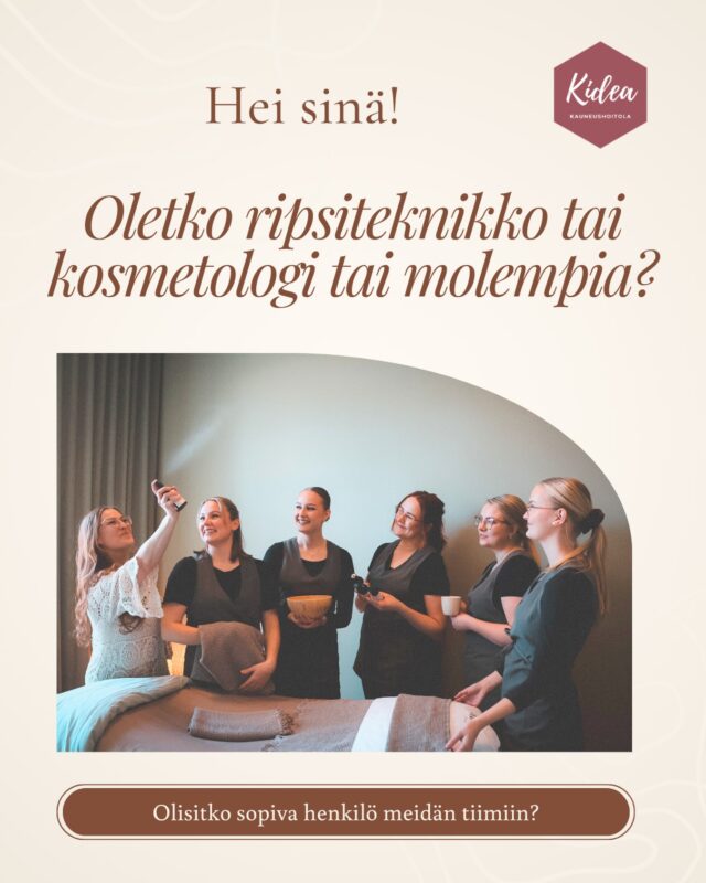 Haussa RIPSITEKNIKKO tai KOSMETOLOGI Kidean tiimiin! 🙋🏼♀️
Kauneushoitola Kidea etsii ripsiteknikkoa/kosmetologia sopimusyrittäjäksi viihtyisään hoitolaamme.Tarjoamme:
🤍 valmiit ja viihtyisät tilat
🤍 vakiintuneen asiakaskunnan
🤍 rennon ja kannustavan työyhteisönToivomme, että sinulla on jo kokemusta ripsipalveluista tai kosmetologin ammatista ja työskentelet huolellisella otteella. Tärkeintä meille on ammattitaito, lämmin asiakaspalvelu ja hyvä fiilis.
Voisitko sinä olla uusi kidealainen? Jos tunnistit itsesi, laita meille viestiä! Kuulisimme mielellämme sinusta! 🤍Yhteydenotot info(a)kauneushoitolakidea.fi