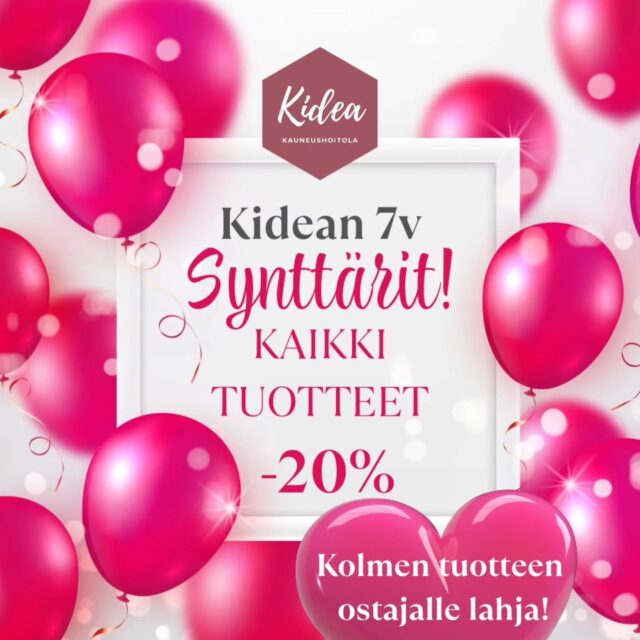 Onko siitä tosiaan jo 7 vuotta?! 😳Kauneushoitola Kidea täyttää siis 7 vuotta!! 🩷 Ja tottakai juhlistamme synttäriviikkoa mahtavilla eduilla! 🎉Viikon 11 ajan:✨ Kaikki tuotteet -20 %
🎁 Kolmen tuotteen ostajalle lahja
💆♀️ Kaikkiin kasvohoitovarauksiin päähieronta veloituksettaPäähierontaetu koskee synttäriviikon aikana tehtyjä kasvohoitovarauksia, ja ajan voi varata huhtikuun puoleen väliin asti, sillä kalenterimme ovat nyt avoinna sinne saakka! Laita aikaa netin kautta varatessasi lisätietoihin teksti "Päähieronta".Jos olet miettinyt hoitoajan varaamista tai ihonhoitotuotteiden täydennystä, nyt on täydellinen hetki. 👈🏼Tervetuloa juhlimaan kanssamme ja kiitos että olet osa Kidean matkaa! 💖🤗