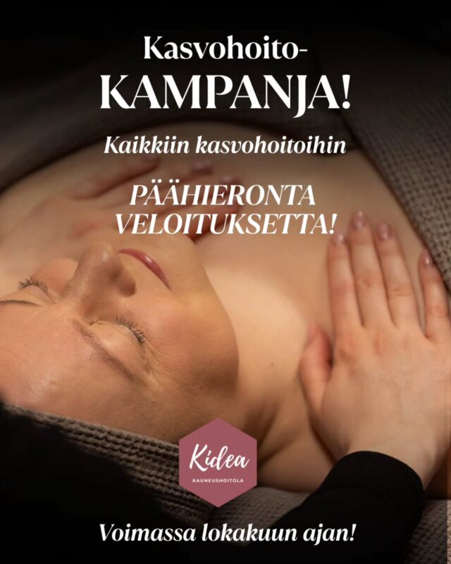 🍂 LOKAKUUN KAMPANJA 🍂Kasvohoito on ihanaa hemmottelua, ja sen kruunaa rentouttava päähieronta💆🏼♀️ ❤️LOKAKUUN AJAN KAIKKIIN KASVOHOITOIHIN PÄÄHIERONTA VELOITUKSETTA!
Aikaa varatessasi voit napata palveluista "LOKAKUUN KAMPANJA Päähieronta veloituksetta" -lisäpalvelun.