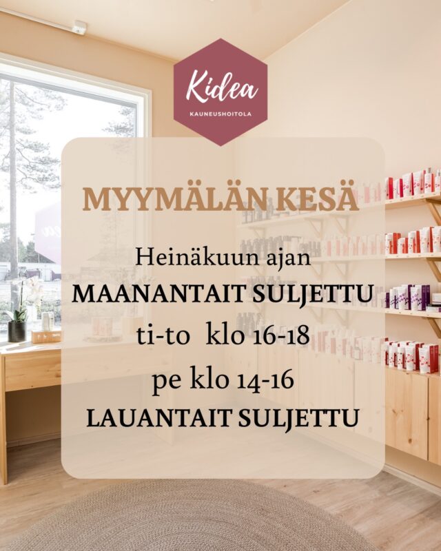Myymälä avoinna ensi viikosta (ma 29.6.) alkaen heinäkuun ajan poikkeusaukioloin!☀️Heinäkuun ajan
MAANANTAIT SULJETTU
TI-TO klo 16-18
PE klo 14-16
LAUANTAIT SULJETTUHoitola palvelee koko kesän normaalisti ajanvarausten mukaan klo 7-21 välillä!🥰Nähdään myymälässä!🛍️😎